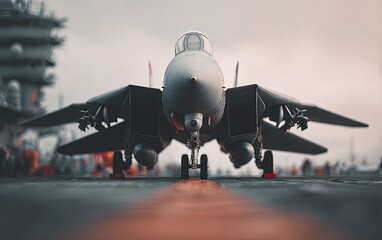 Military jet on aircraft carrier deck