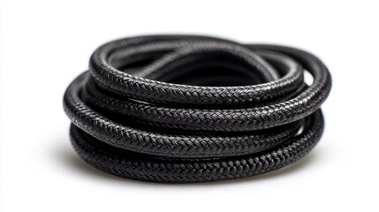 Coiled black braided cable on a white background