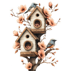 Birdhouses With Spring Blossoms, watercolor vector, isolated on a white background.