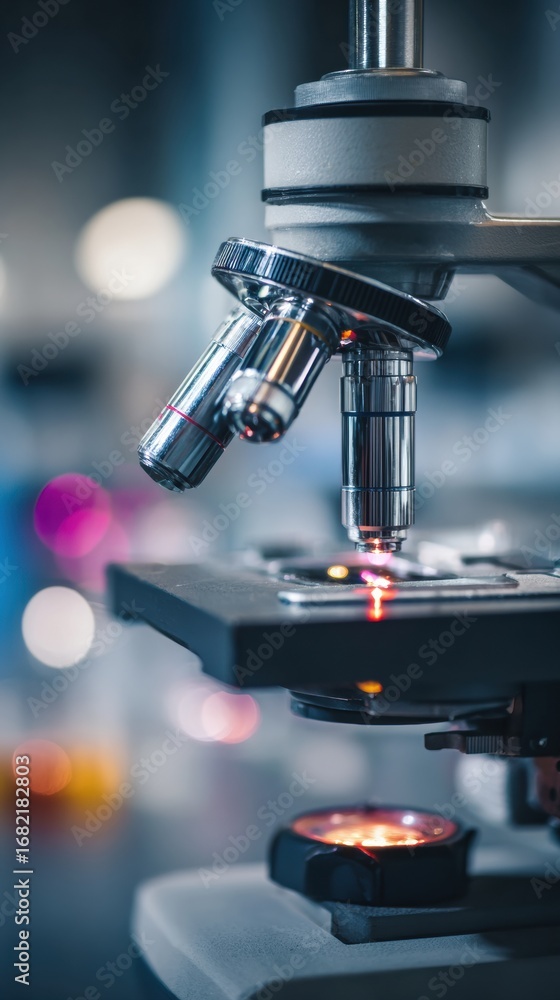Poster using a microscope for detailed observation of samples in a contemporary lab setting with vibrant, b