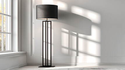 A modern black floor lamp with a rectangular base stands next to a large sunlit window with a white frame.

