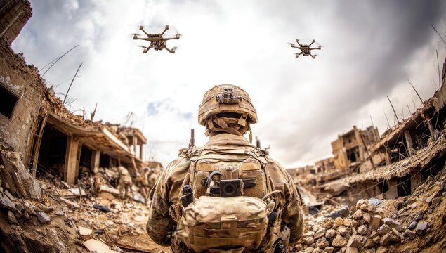 Soldier observes drones in war-torn city
