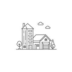 Simple Line Art Illustration of a House and Apartment Building