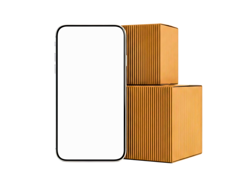 Smartphone with mockup screen in front of cardboard delivery boxes isolated on transparent background