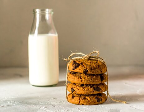 Stack of chocolate chip cookies tied with twine next to a milk bottle