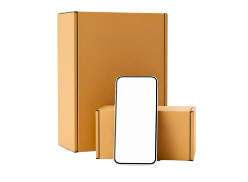 Smartphone with mockup screen in front of cardboard delivery boxes isolated on transparent background