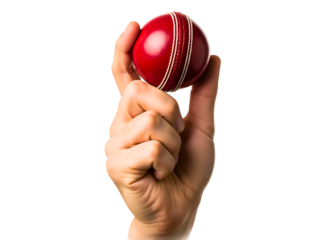 Hand holding a red cricket ball isolated on transparent background