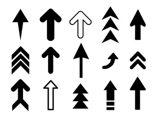 a curated collection of 15 distinct upward-pointing arrow icons, each rendered in a clean, modern style