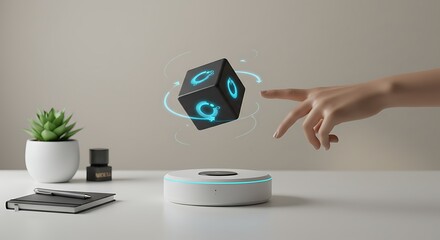 Hand interacting with floating 3 d cube device