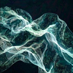 Firefly Dark mode abstract waves  glowing neon green and cyan curves o