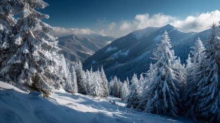 Snowy forest landscape with snowcovered fir trees mountains and a clear blue sky