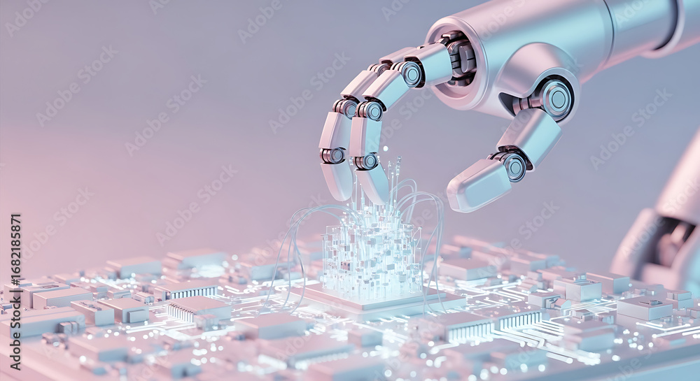 Fototapete robot hand interacting with a computer chip on a circuit board in a futuristic setting