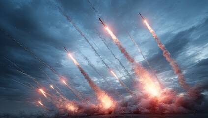 Multiple missiles launch, fiery trails against a stormy sky