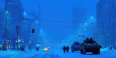 Snowy, blue-toned city street at night with military vehicles