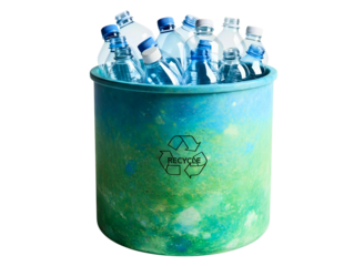 Plastic water bottles overflowing from a recycling bin isolated on transparent background