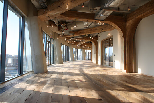 Laminated wood flooring and structural elements of asustainable multi story tiber residential or office uilding project