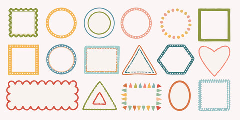 Collection of hand drawn decorative frames and borders in various shapes and pastel colors
