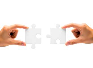 Two hands holding puzzle pieces together isolated on transparent background
