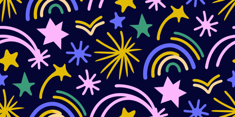 Whimsical colorful starbursts and rainbows scattered across a dark navy blue background seamless pattern