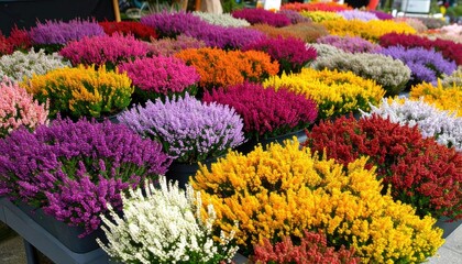Vibrant display of heather plants in assorted colors purple, pink, yellow, orange and white fill the frame with natural beauty and texture