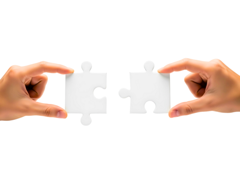 Two hands holding puzzle pieces together isolated on transparent background