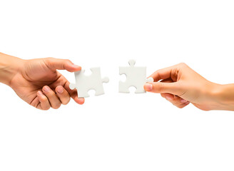 Two hands holding puzzle pieces together isolated on transparent background