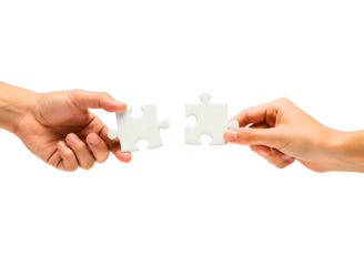 Two hands holding puzzle pieces together isolated on transparent background