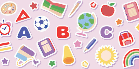 Colorful school supplies and alphabet letters arranged in a playful pattern on a light pink background