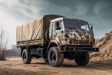 Obraz premium Camouflaged military truck on dirt road