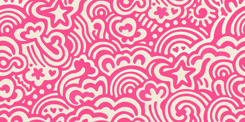 Whimsical pink and cream abstract doodle pattern with hearts and stars
