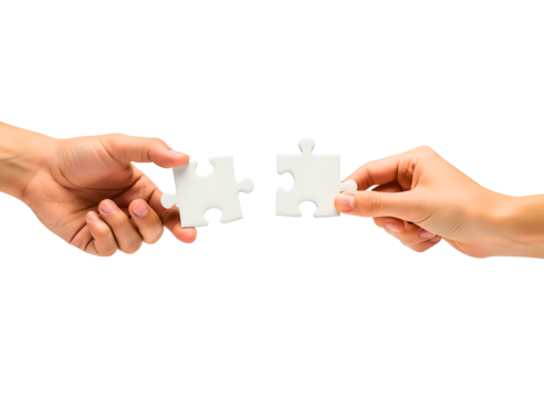 Two hands holding puzzle pieces together isolated on transparent background
