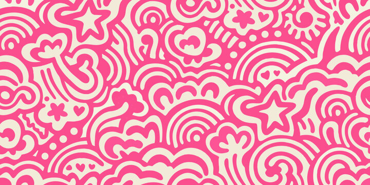Whimsical pink and cream abstract doodle pattern with hearts and stars