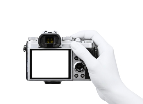 Hand holding a white digital camera with a blank screen isolated on transparent background - Powered by Adobe