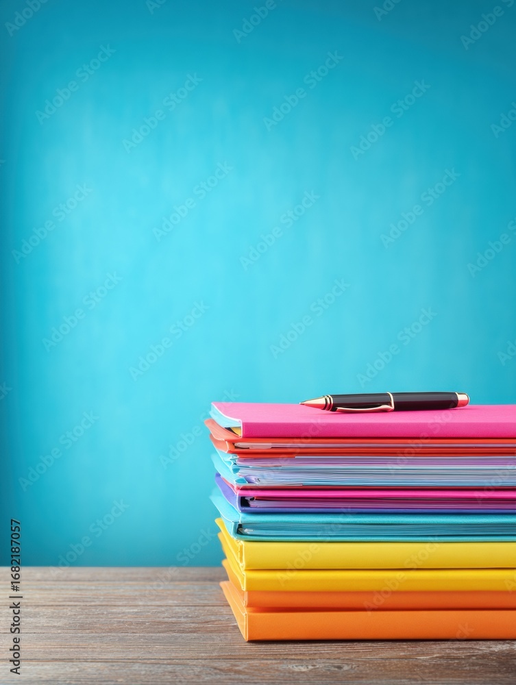 Poster a vibrant collection of notebooks in various colors is neatly arranged on a wooden table with a blac