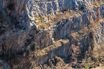 Rocky cliff face with trees and natural erosion patterns in sunlight