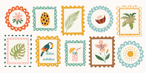 Collection of whimsical hand drawn tropical themed postage stamps with floral and animal motifs