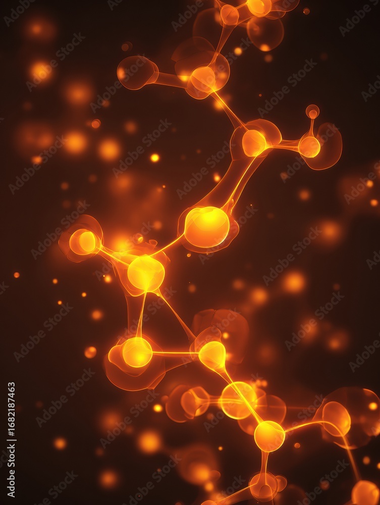 Poster bright orange molecule structure stands out against a dark background, with sparkling particles addi