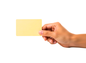 Hand holding a yellow sticky note isolated on transparent background