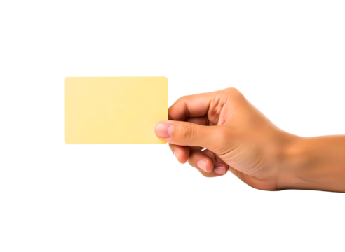 Hand holding a yellow sticky note isolated on transparent background