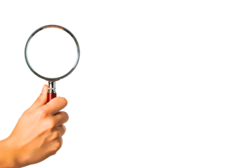 Hand holding magnifying glass isolated on transparent background
