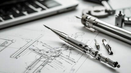 drawing on a desk, featuring precision tools, a drafting compass, and a laptop on blurred background