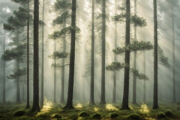 Fototapeta premium Misty Pine Forest Morning
