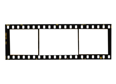Three blank frames of vintage film strip isolated on transparent background