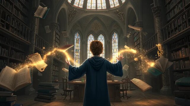 Child casting magic in a mystical library setting - Powered by Adobe