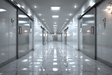 Obraz premium Sleek sterile corridor in a modern surgical facilitywith sliding doors 3D rendring