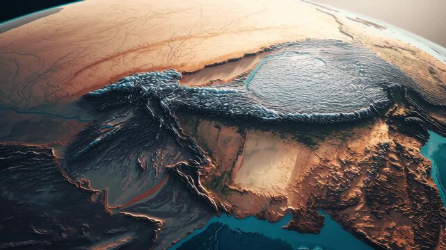 3D map South Asia terrain mountain river coastline landscape geographic detailed topography ocean elevation peninsula natural features warm cool tones vivid dramatic artistic visualization