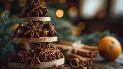A layered star anise tree stands amidst cinnamon sticks an orange and evergreen sprigs against a softly blurred background