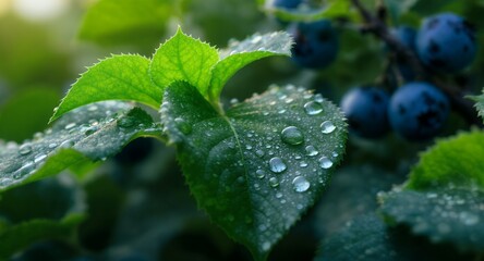 Close-up of Dew Drops on Lush Green Leaves with Berries in Background