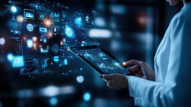 A modern IT expert using a tablet and touchscreen to manage digital transformation, floating technology icons, futuristic digital background,  on blurred background