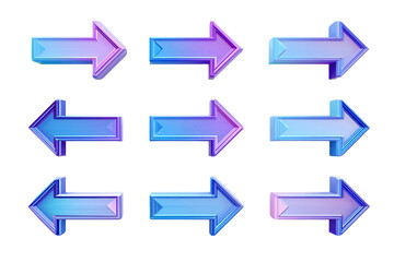 3D Render Set of Purple and Blue Glossy Arrows on Transparent Background, PNG